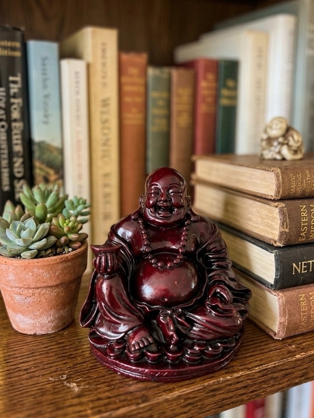 Large Laughing Buddha Statue Burgundy Feng Shui